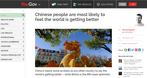 英国舆观调查公司（YouGov）网页标题：中国人认为这个世界会变好的比例全球最高